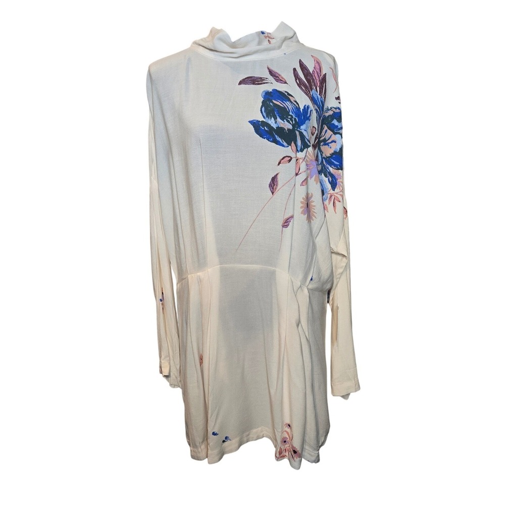 Free People Gemma Watercolor Floral Choker Neck Keyhole Back Tunic Dress L NWT